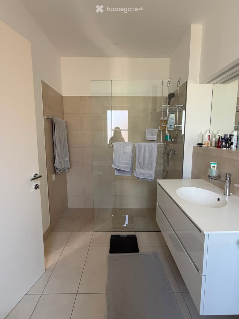 Modern bathroom with a glass-enclosed shower, white sink, and tiled walls. Includes towels, a bathroom scale, and a cabinet with toiletries.