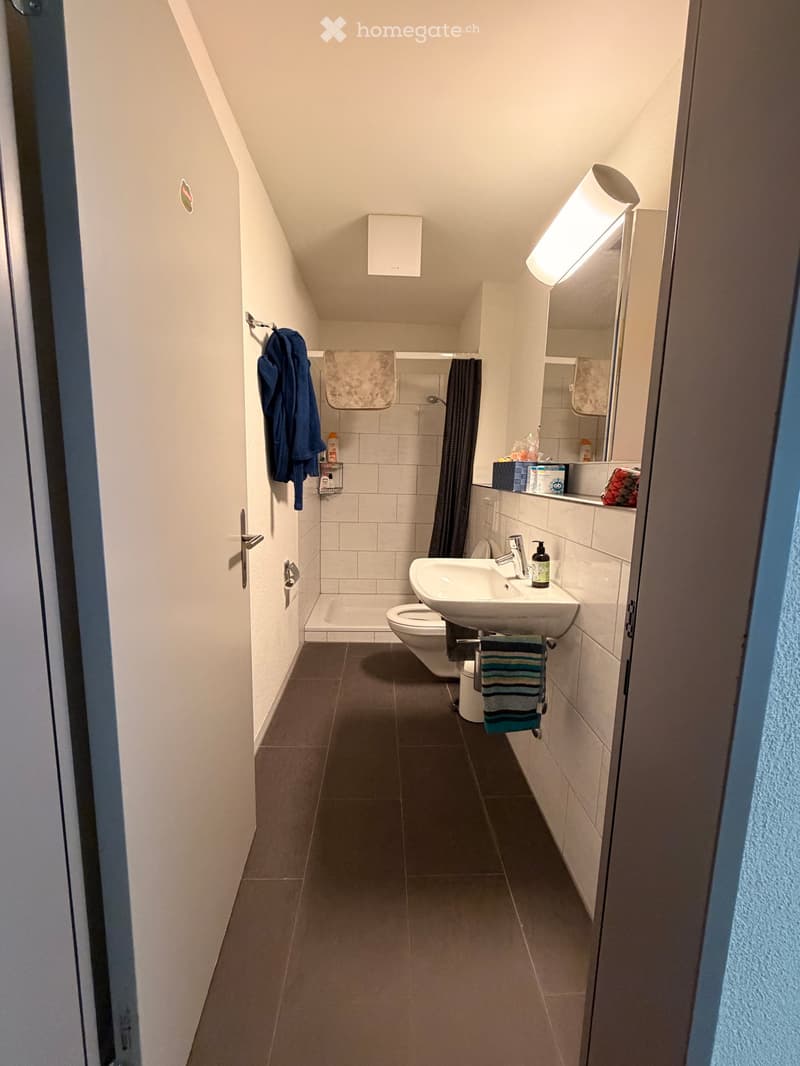 Modern bathroom with a sink, toilet, mirror, and towels. The space features white tiled walls and dark grey tiles on the floor.