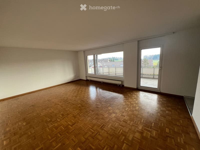 empty room, wooden floor, white walls, large windows, balcony