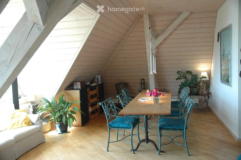Bright attic room with wooden walls and slanted ceiling, featuring a sofa, dining table with chairs, potted plants, and a cabinet.