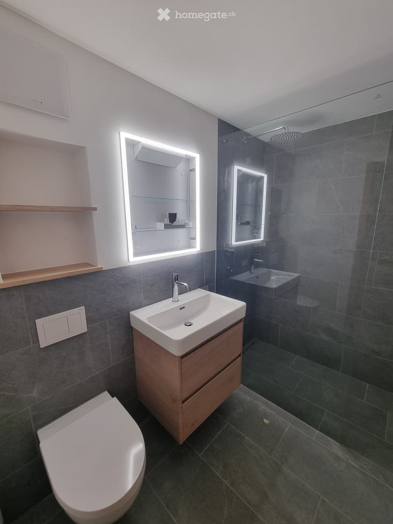 Modern bathroom with dark grey tiles, a white sink with wooden cabinet, a toilet, illuminated mirrors, and a glass-enclosed shower area.
