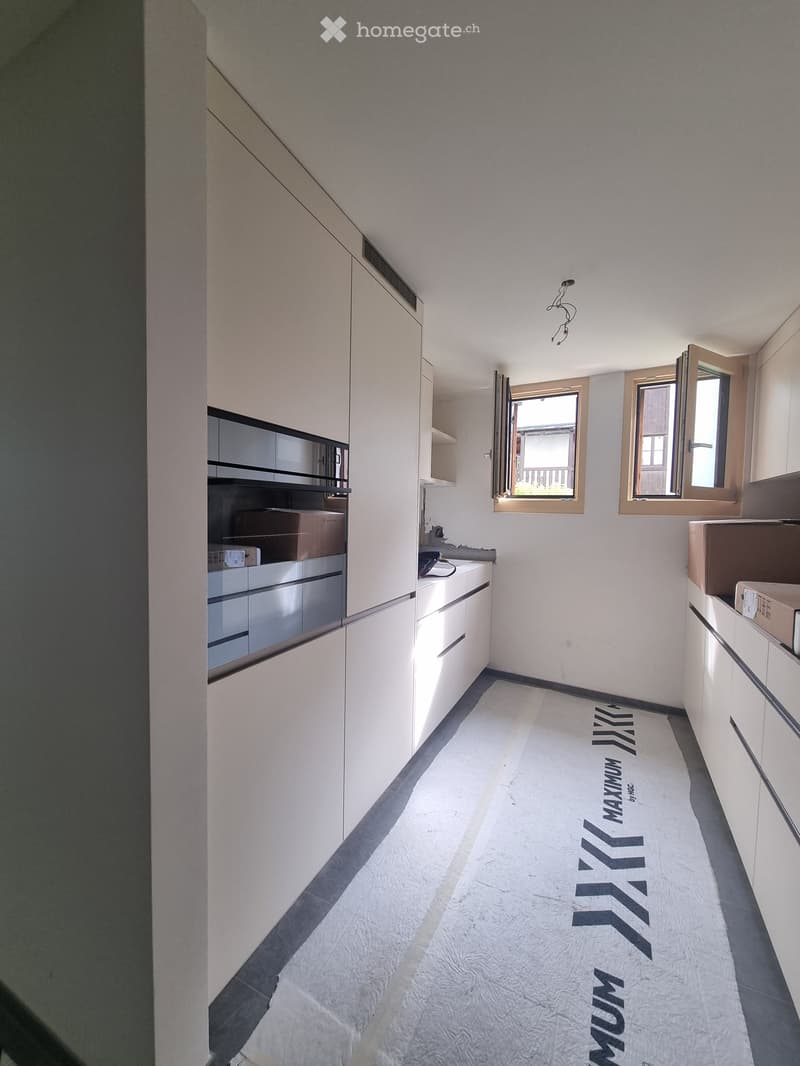 Empty kitchen with white cabinets, stainless steel appliances, and a white rug on the floor. Two windows are open, allowing natural light to enter.
