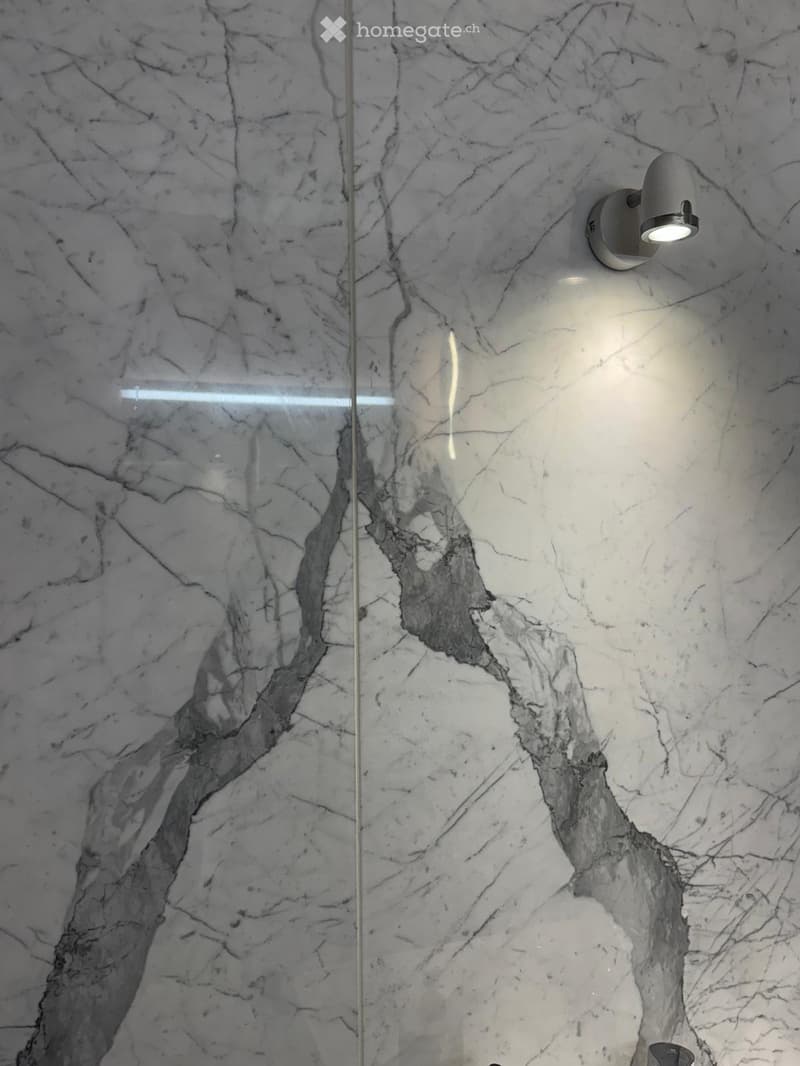 Corridor with marble-patterned walls and a modern wall-mounted light fixture.