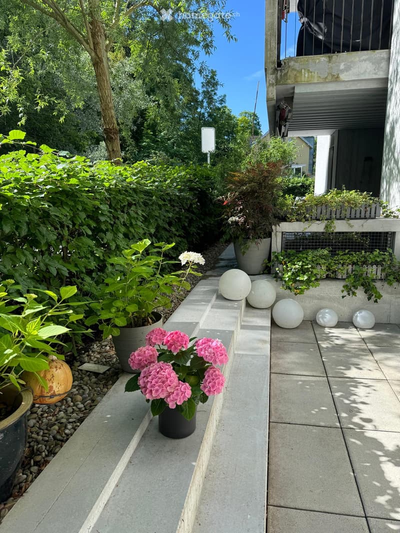 A well-maintained garden area with various potted plants, including pink flowers and green foliage, arranged on a concrete pathway. The garden features decorative white spherical ornaments and is bordered by a building with a balcony and railing.