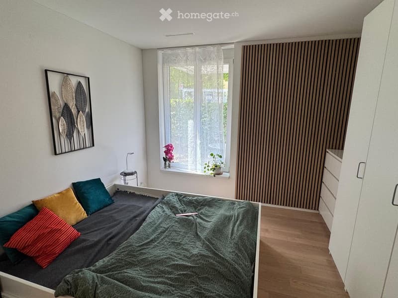Cozy bedroom with a single bed, colorful pillows, a green blanket, a nightstand with a lamp, a picture frame on the wall, and a small plant on the windowsill.