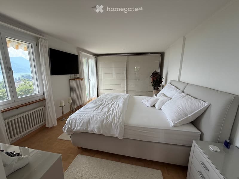 Modern bedroom with a large bed, nightstand, television, wardrobe, and a scenic mountain view through large windows.