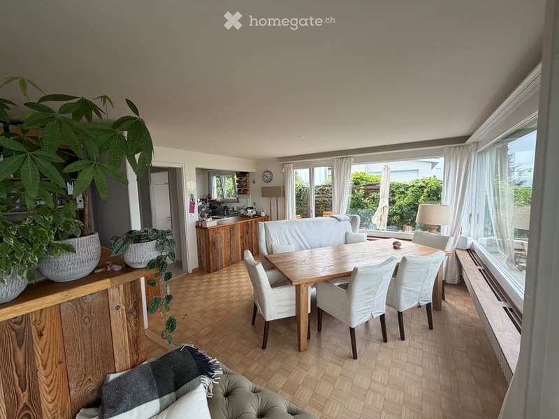 Bright living and dining area with wooden flooring, large windows, a sofa, dining table with chairs, kitchen counter, and decorative plants.