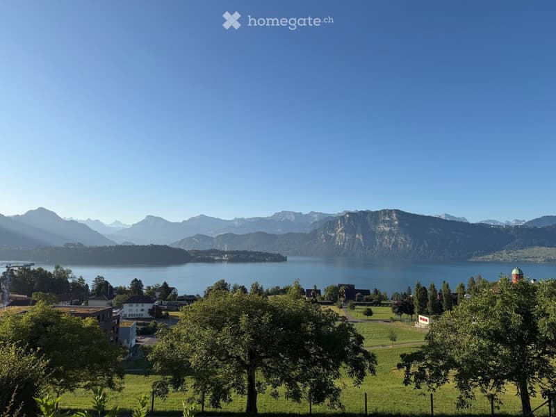 A scenic view of a lake surrounded by mountains, with a small town and green fields in the foreground.