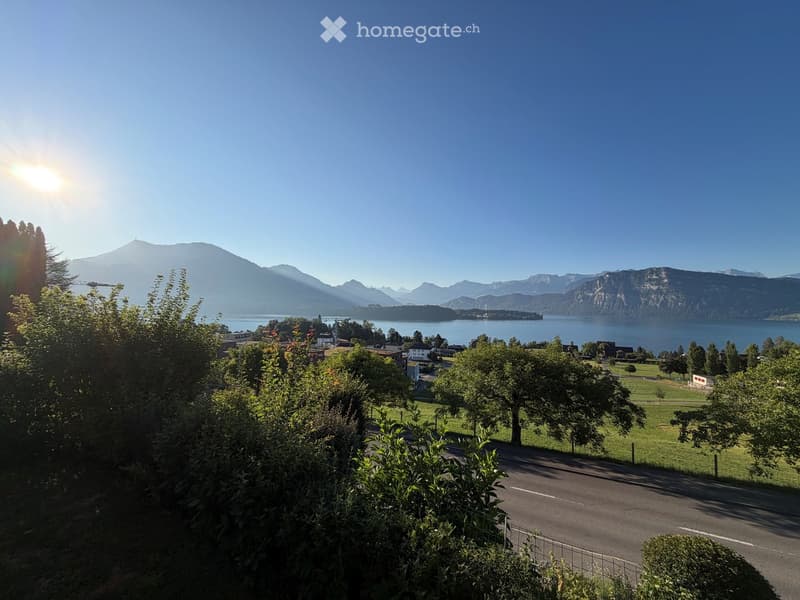 A scenic outdoor view showing a road leading towards a town with houses, surrounded by lush greenery and trees, with a large lake and mountain range in the background under a clear blue sky.