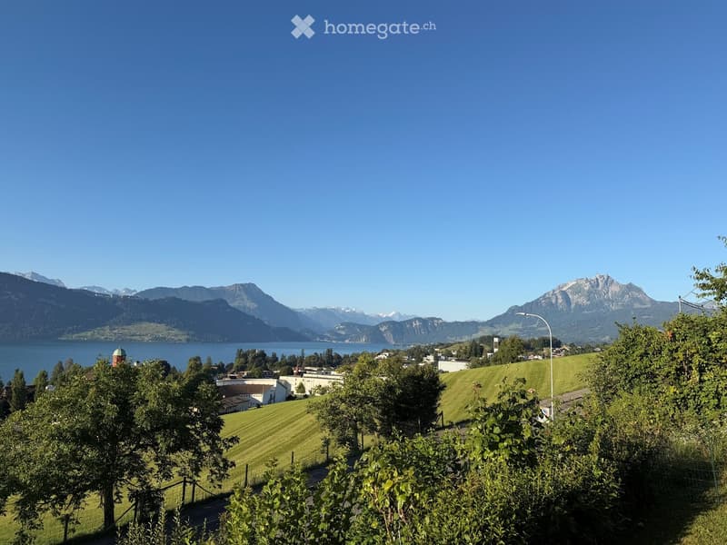 Scenic view of a town with green fields, trees, and distant mountains under a clear blue sky.