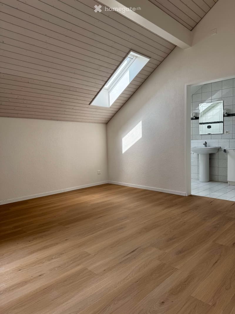 Empty room with wooden flooring, white walls, and a skylight window. Adjacent bathroom with a sink and mirror is visible.