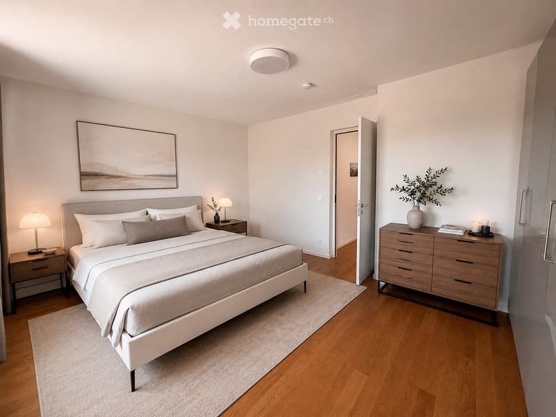 Modern bedroom with a large bed, nightstands, lamps, a dresser with drawers, and a vase with greenery on top.