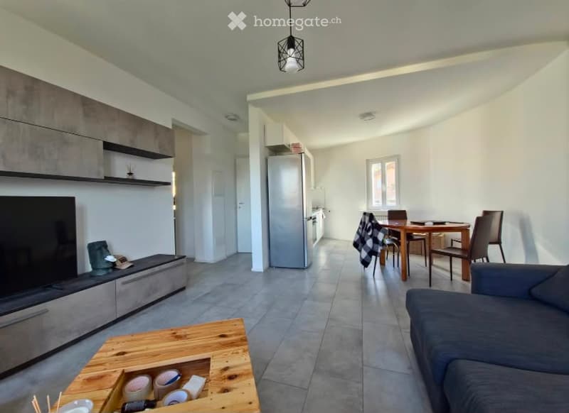 Modern open-plan living and dining area with grey sofa, wooden coffee table, dining table with chairs, and kitchen area featuring cabinets and a refrigerator.