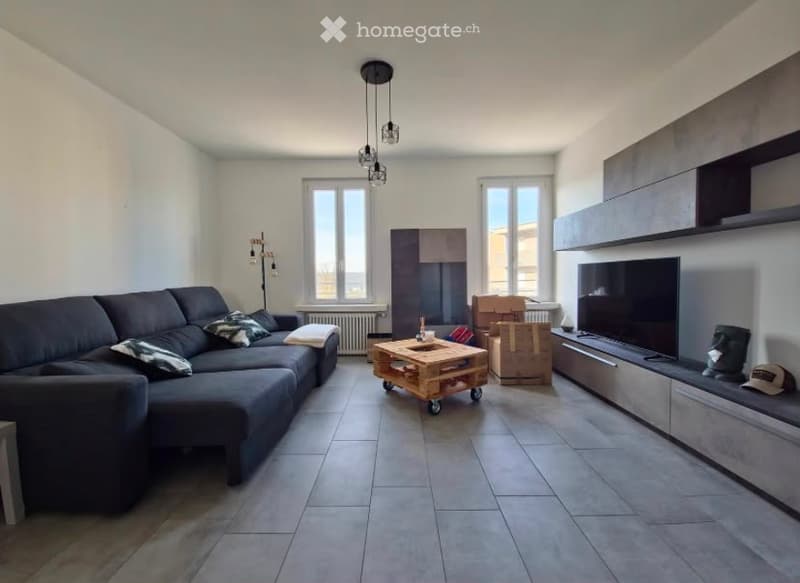 Modern living room with grey sofa, coffee table, TV, and cabinet. The space features large windows and tiled flooring.