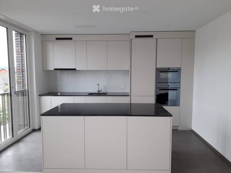 Modern kitchen with white cabinets, black countertops, and stainless steel appliances including a sink and oven.