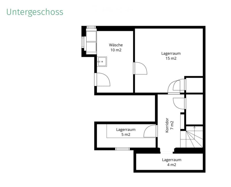 Floor plan of the basement level showing a laundry room (10 m²), three storage rooms (15 m², 5 m², and 4 m²), and a corridor (7 m²).