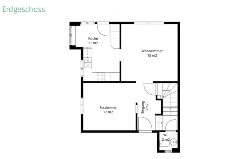 Ground floor floor plan showing a kitchen (11 m²), living room (15 m²), dining room (12 m²), entrance (9 m²), and bathroom (2 m²).