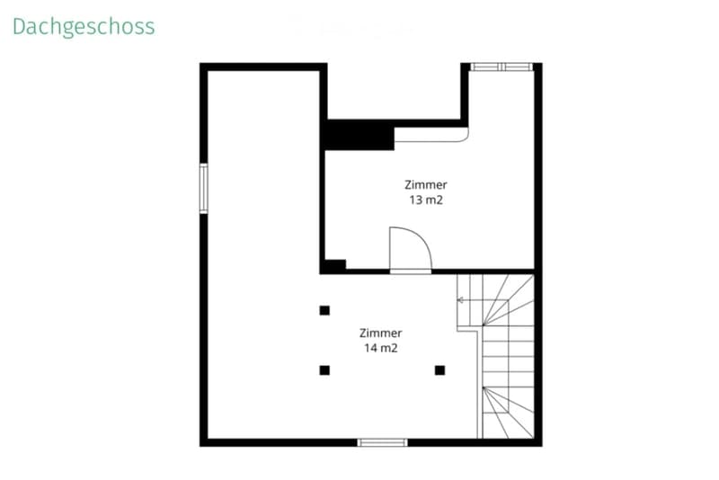 Top floor layout with two rooms: a 13 m² room and a 14 m² room, featuring a small hallway and a closet area.