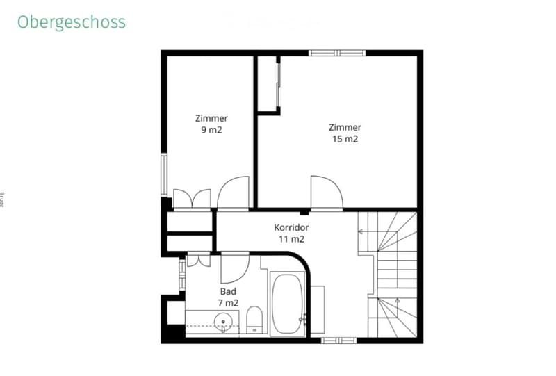 Floor plan of the upper floor showing two bedrooms (9 m² and 15 m²), a bathroom (7 m²), and a hallway (11 m²).