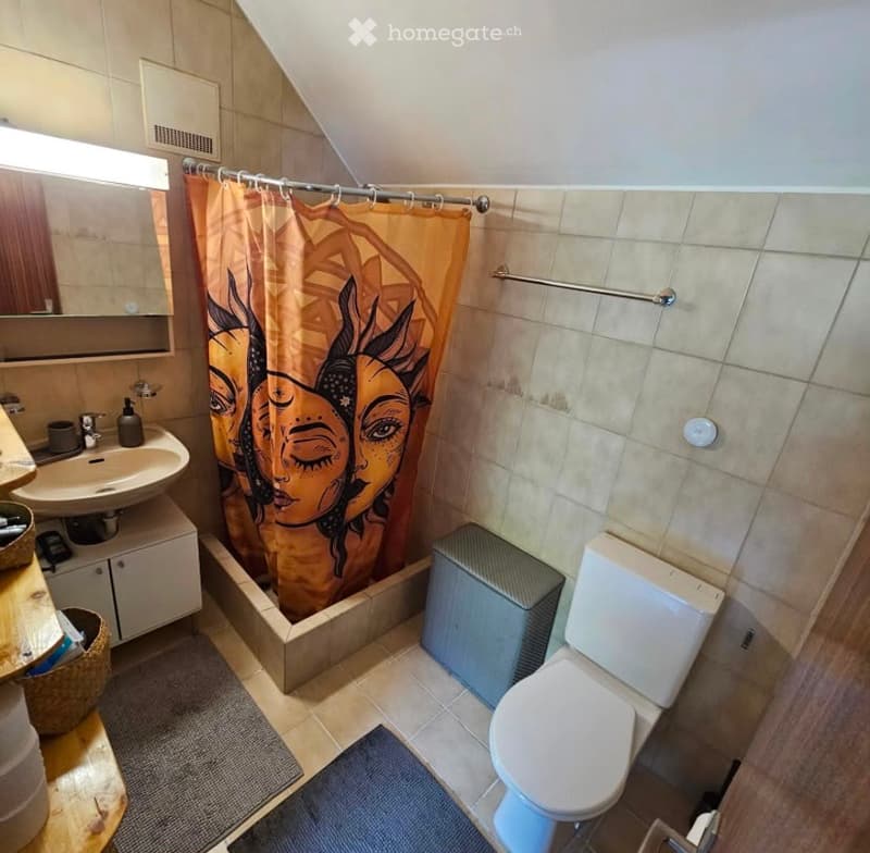 Bathroom with a sink, mirror, toilet, bathtub with a decorative shower curtain, and a small cabinet. The space features tiled walls and a slanted ceiling typical of an attic or loft area.