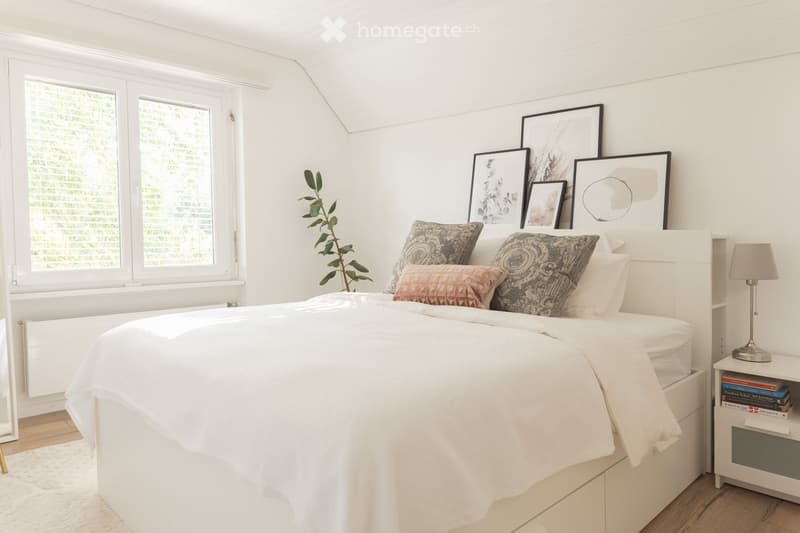 Cozy bedroom with a large bed, white bedding, patterned pillows, a nightstand with a lamp, and several picture frames on the wall. A potted plant adds a touch of greenery.