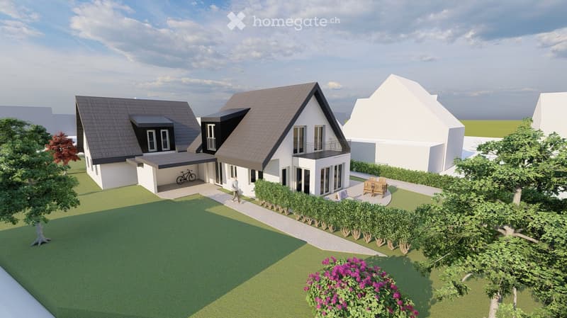 Modern two-story house with a dark roof, white walls, and a balcony. Features a garage, parking area, and well-maintained garden with trees and shrubs.