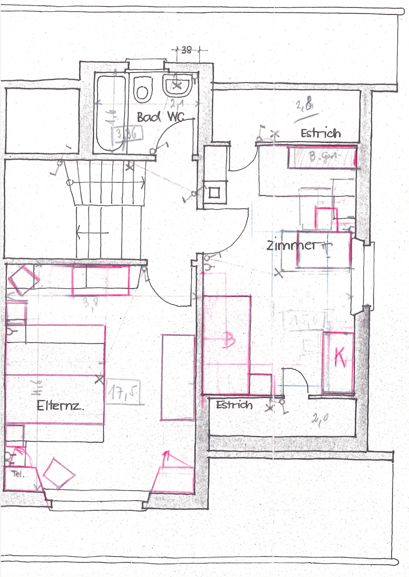 Floor plan showing a layout with multiple rooms including a bathroom, WC, living area, and bedroom. Dimensions and labels are present.