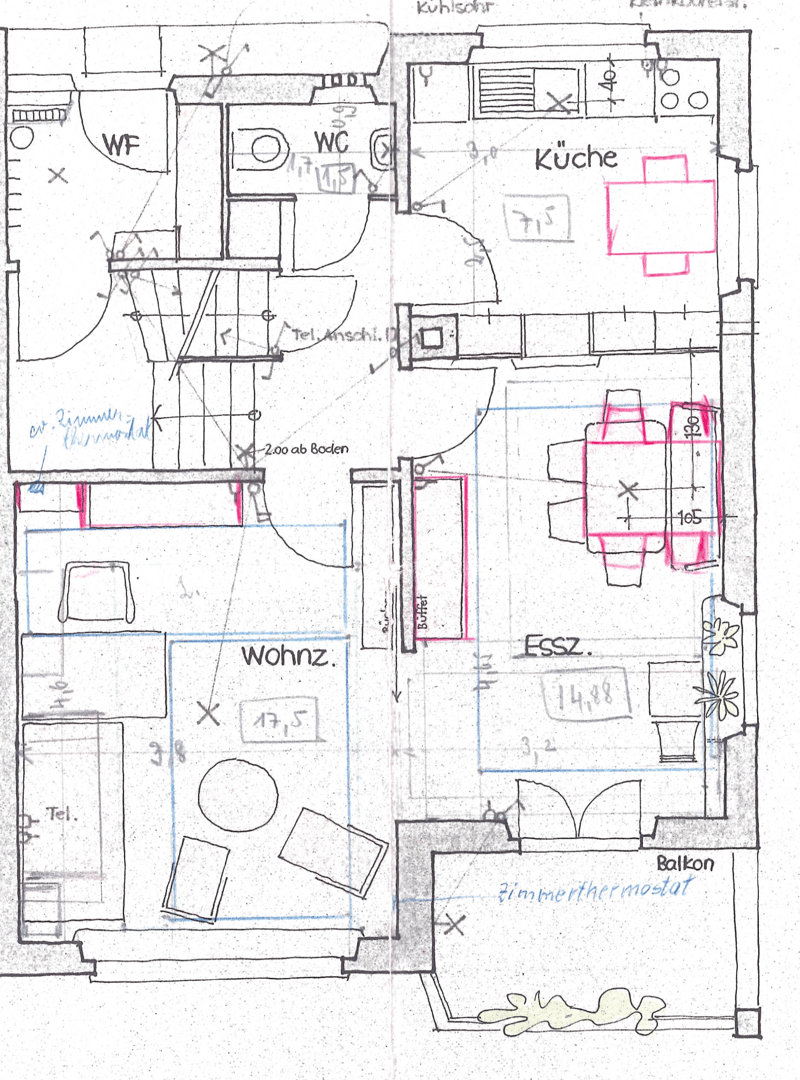 Floor plan showing a kitchen, living room, dining area, bedroom, bathroom, and balcony.