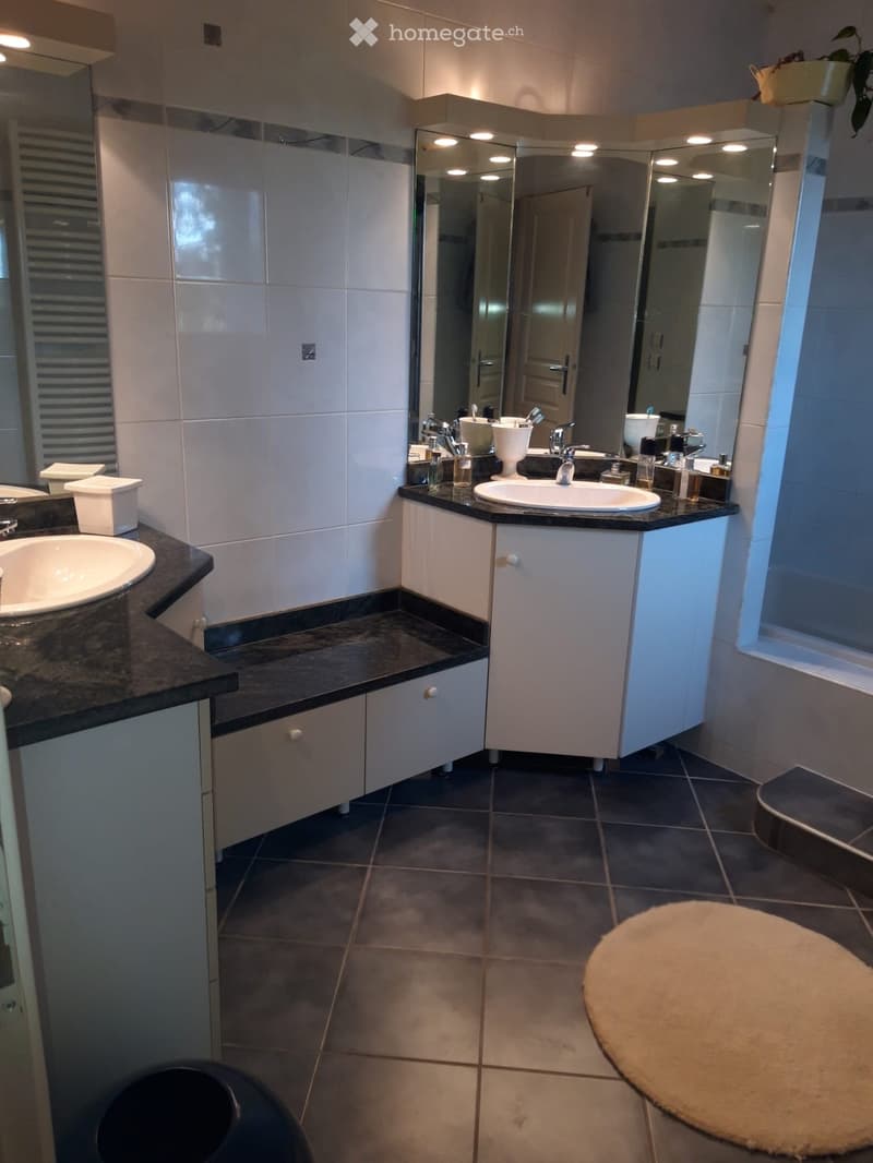 Modern bathroom with double sinks, large mirror, white cabinets, dark granite countertops, and a round rug on the floor.