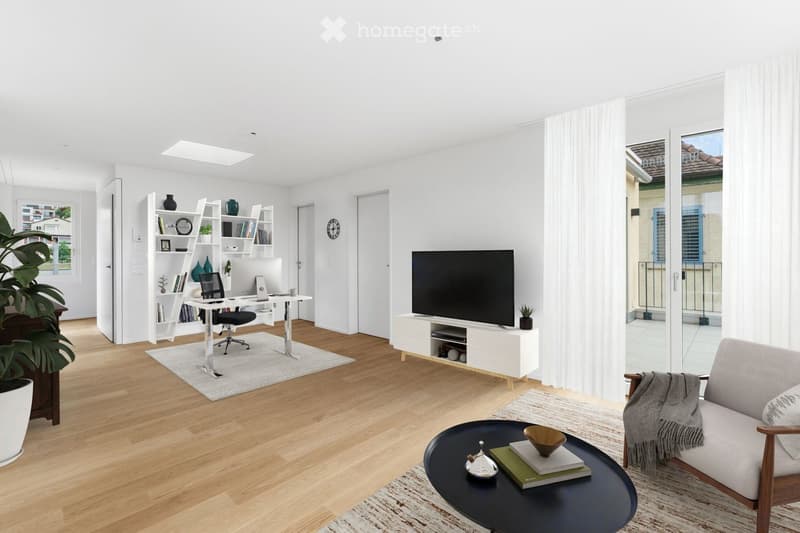 Modern living room with a sofa, coffee table, desk, bookshelf, TV, and balcony access.