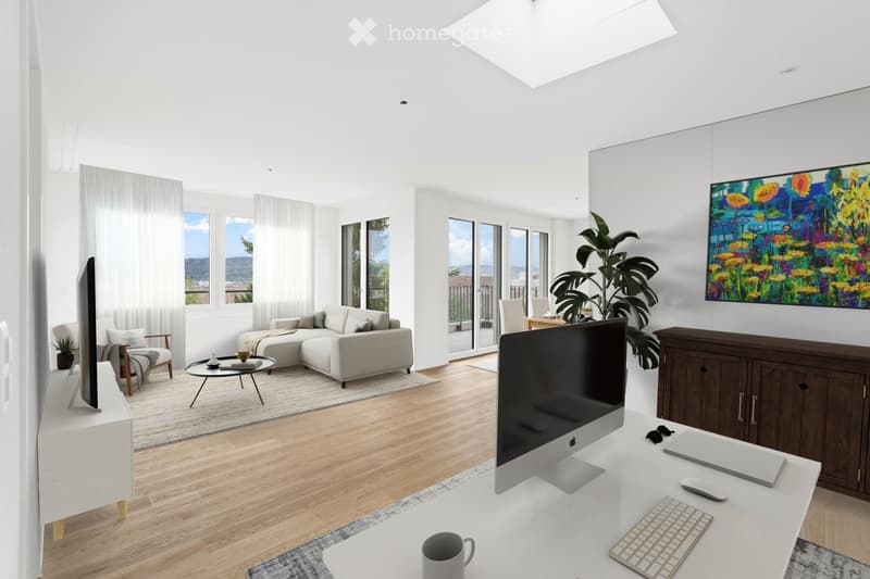 Modern living room with a large sectional sofa, coffee table, armchair, large screen, desk with computer setup, and a view through large windows.