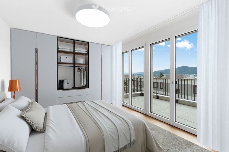 Modern bedroom with a large bed, pillows, and a blanket, a wardrobe with shelves, a lamp, and large windows offering a scenic view of the city and mountains.