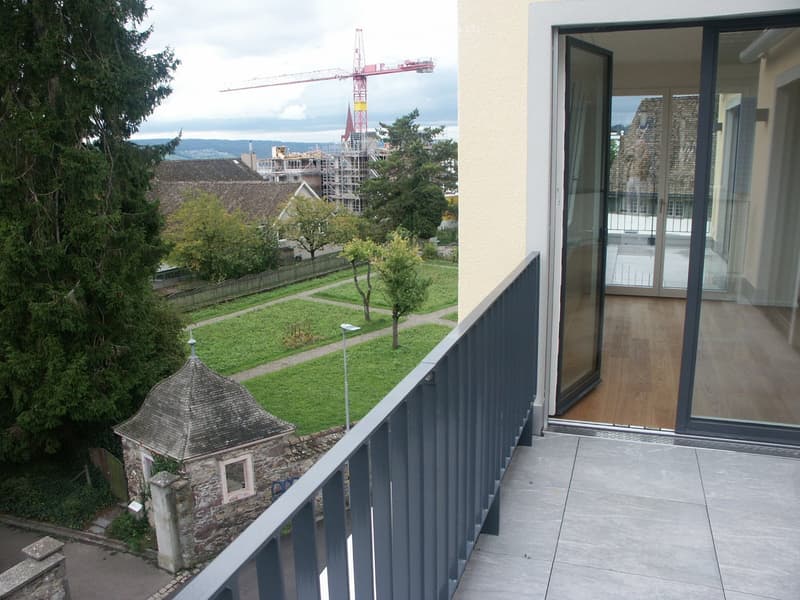 Balcony with wooden flooring, glass sliding doors leading inside, overlooking a landscaped garden with trees, a small stone structure, and distant cityscape with a crane.