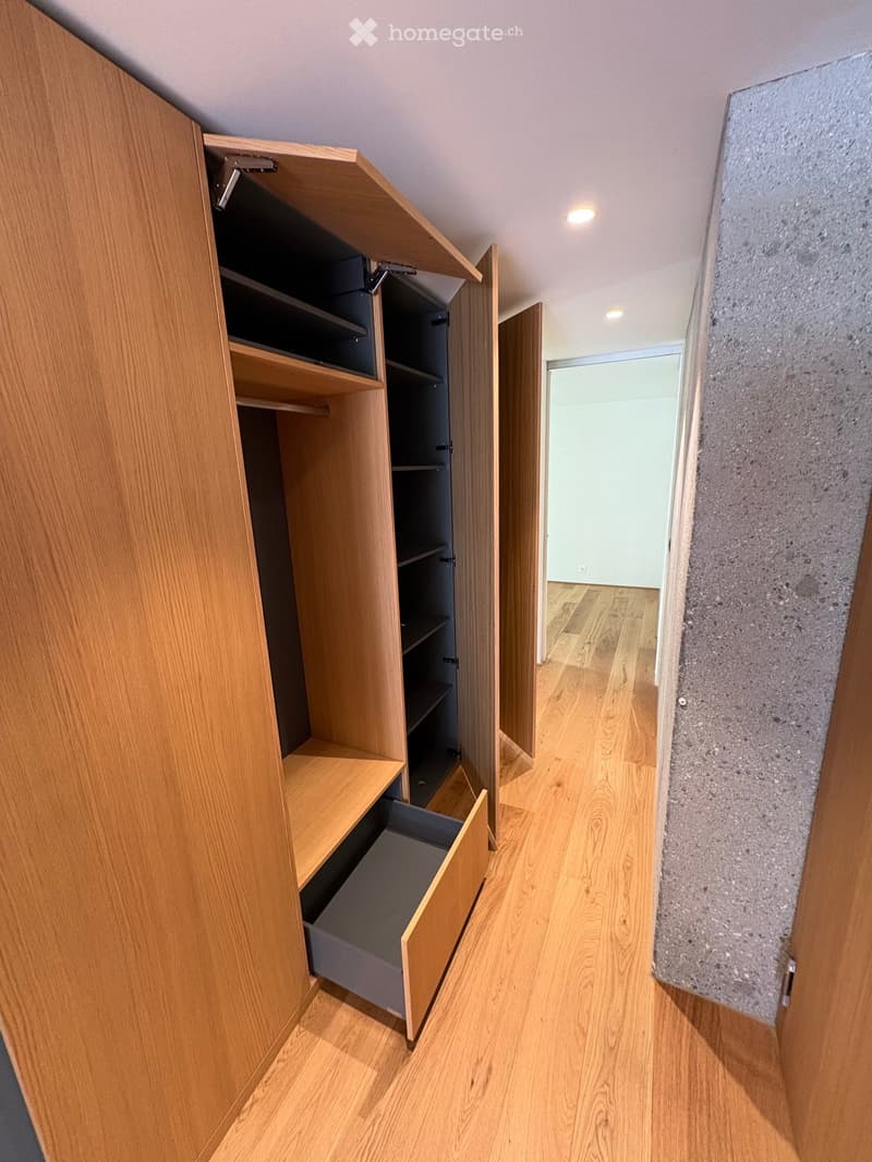 A narrow hallway with wooden flooring and a built-in wooden closet with open shelves and a drawer. The closet has a sleek, modern design with a combination of open and closed storage spaces.