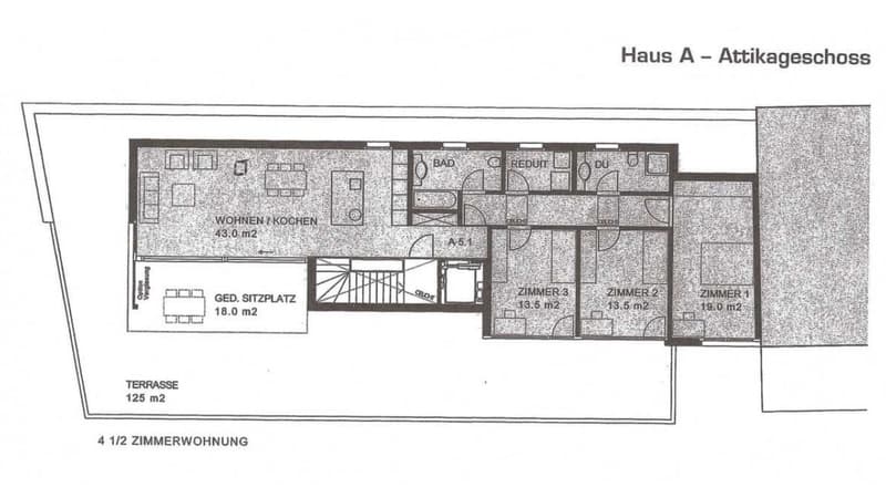 Floor plan of a 4.5-room apartment with living/kitchen area, three bedrooms, bathroom, and terrace.