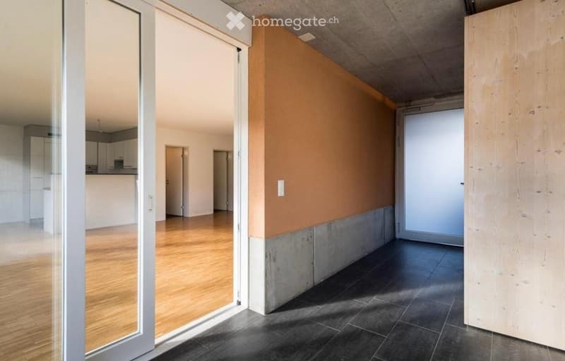 Modern hallway with polished wooden flooring, glass doors, and a textured orange accent wall. The space is open and well-lit, leading to adjacent rooms.