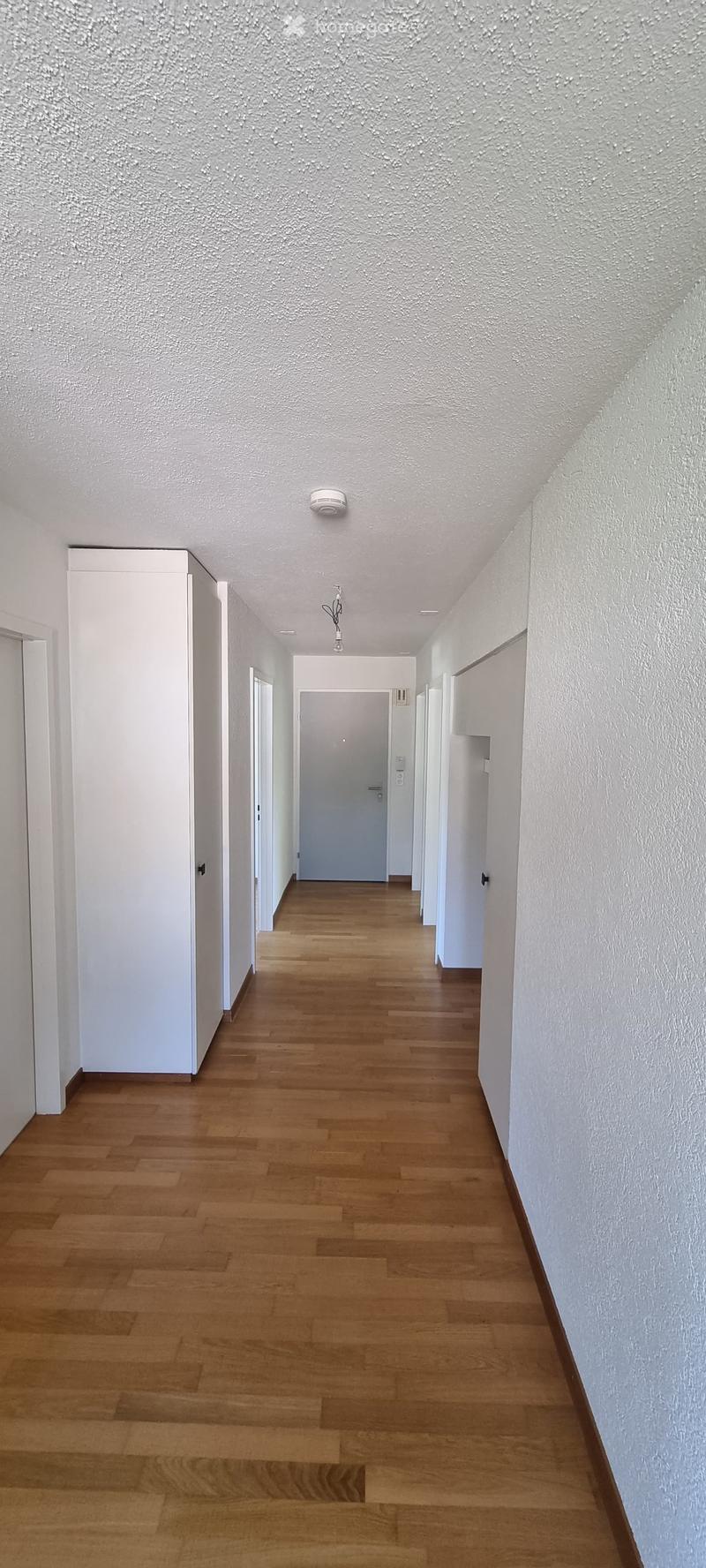 Empty hallway with wooden flooring, white walls, and a closed door at the end.