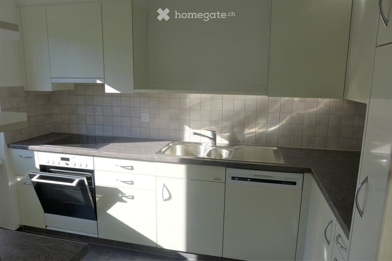 Modern kitchen with white cabinets, stainless steel sink, oven, and dishwasher. Light-colored countertops and tiled backsplash.