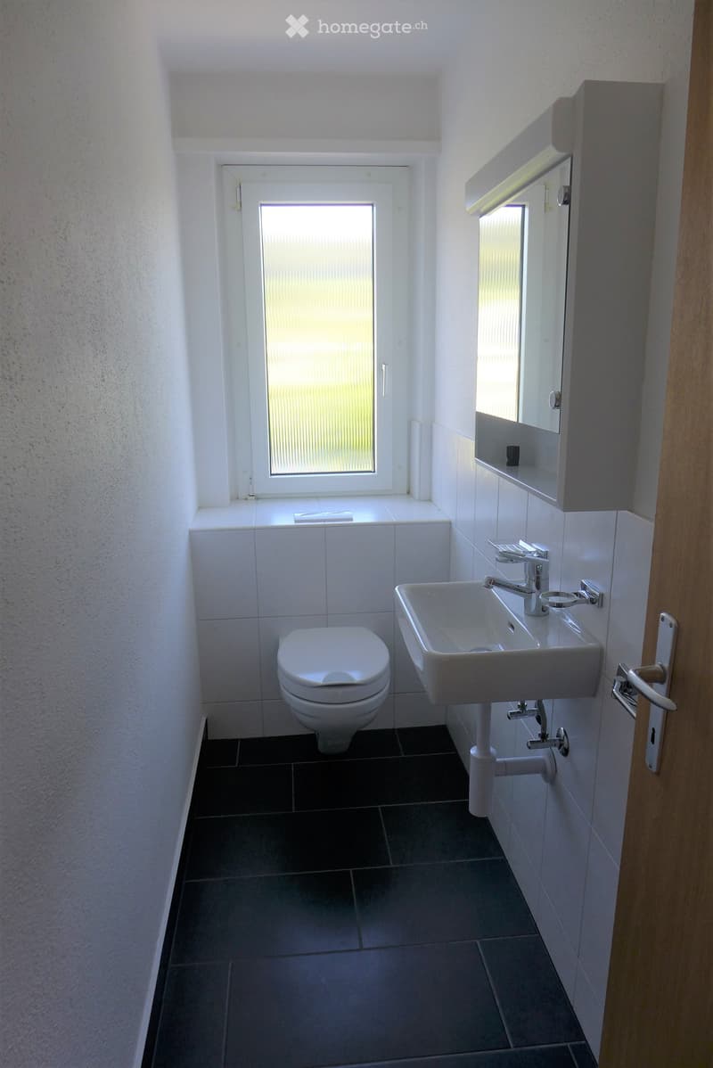 Modern bathroom with white tiles, a toilet, a sink with a chrome faucet, a mirror cabinet, and a window with frosted glass.