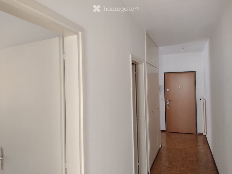 Empty hallway with white walls, wooden flooring, and several doors leading to different rooms.