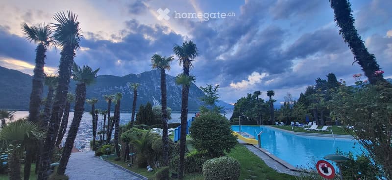 Lush garden area with palm trees, lounge chairs, and a swimming pool overlooking a lake and mountains.