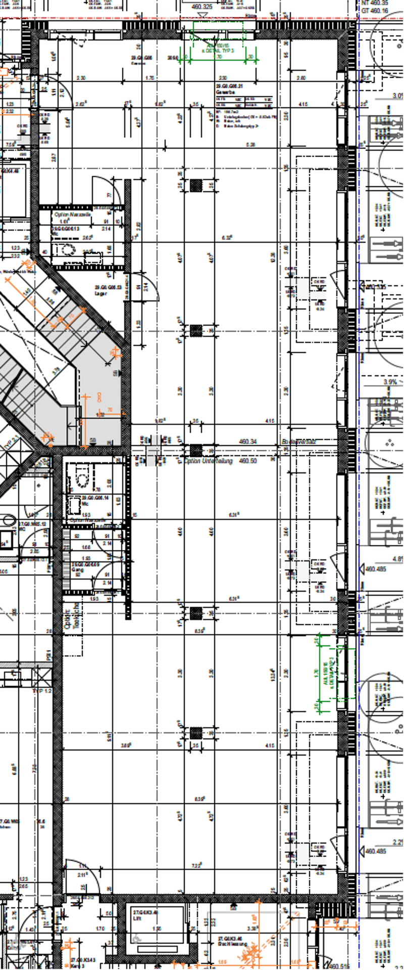 Floor plan of a multi-story building with detailed room dimensions, labeled areas, and structural elements including stairs, walls, and designated spaces.