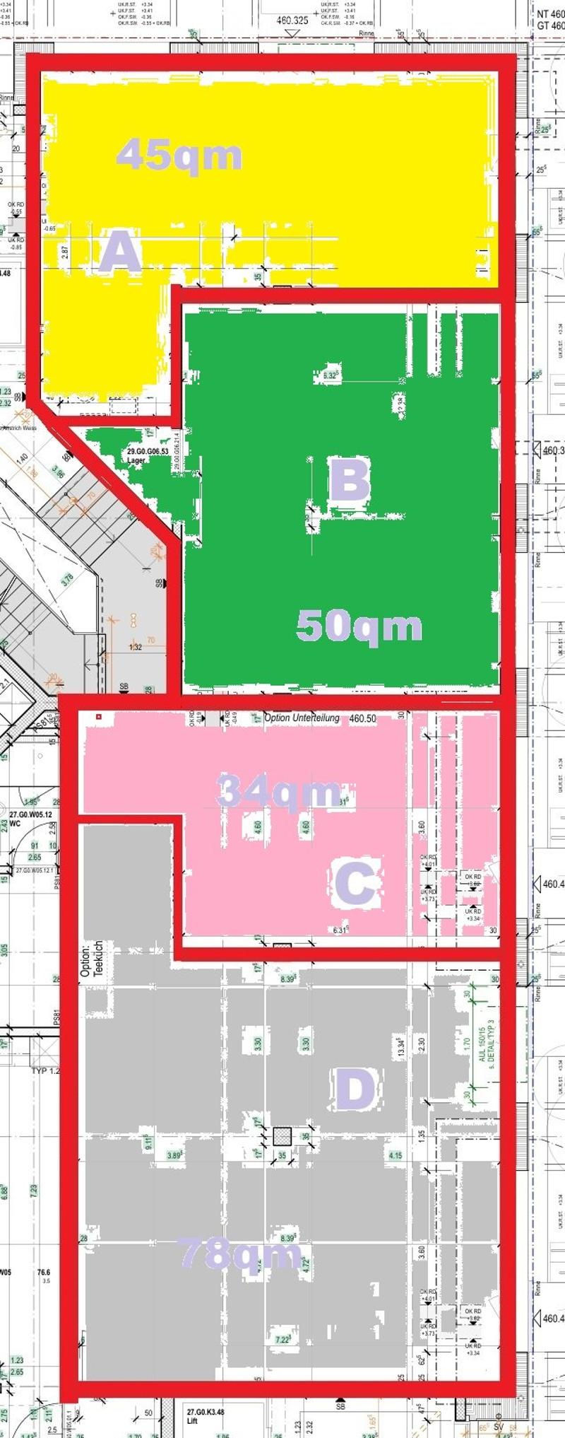 Floor plan showing four distinct areas labeled A, B, C, and D with respective sizes of 45qm, 50qm, 34qm, and 78qm. Includes detailed measurements, room labels, and technical annotations.