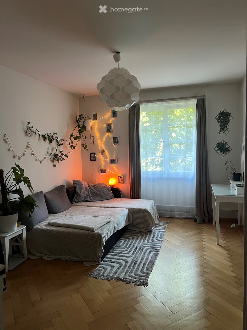Cozy bedroom with a double bed, nightstand, desk, and potted plants. Features wooden flooring, a patterned rug, and string lights on the wall.