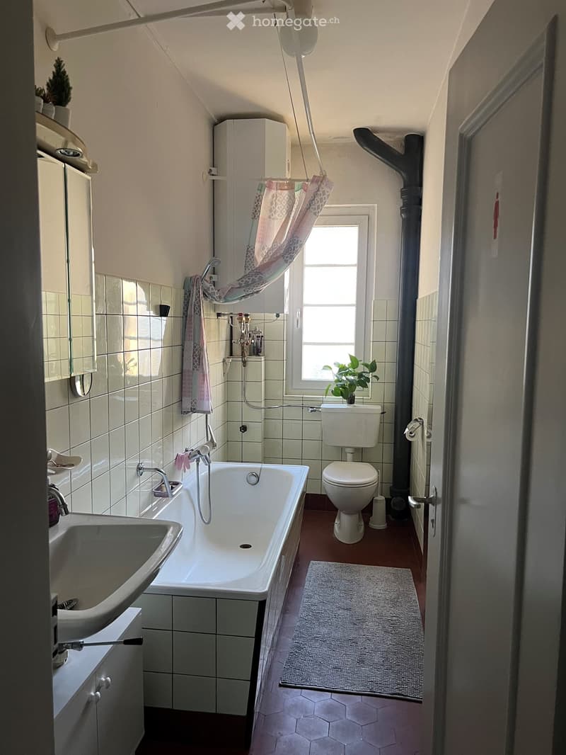 Bathroom with a bathtub, toilet, sink, and a small window with a plant on the windowsill. The room features tiled walls, a grey rug, and a towel hanging on the wall.