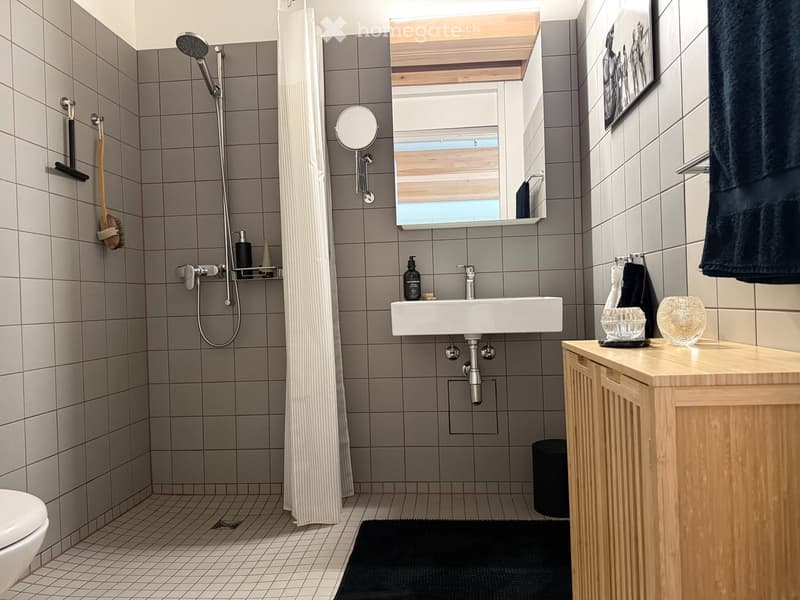 Modern bathroom with grey tiled walls and floor, white sink, shower, and wooden cabinet. Includes a mirror, towel, and decorative items on the cabinet.
