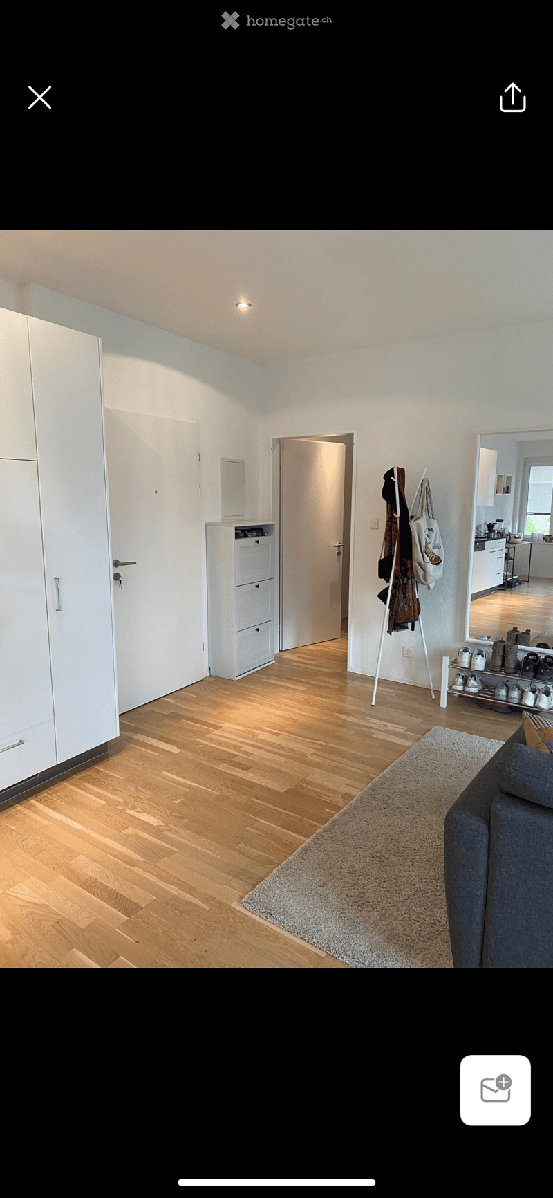 Bright living room with wooden flooring, a grey sofa, a large rug, a white wardrobe, a shoe rack, and a visible kitchen area with cabinets and appliances.