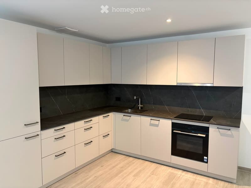 Modern kitchen with white cabinets, dark countertops, and built-in appliances including a sink, oven, and stove.