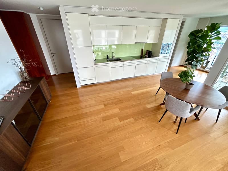 Modern open-plan living and dining area with light wooden flooring, white kitchen cabinets, a round dining table with chairs, and a potted plant near the window.