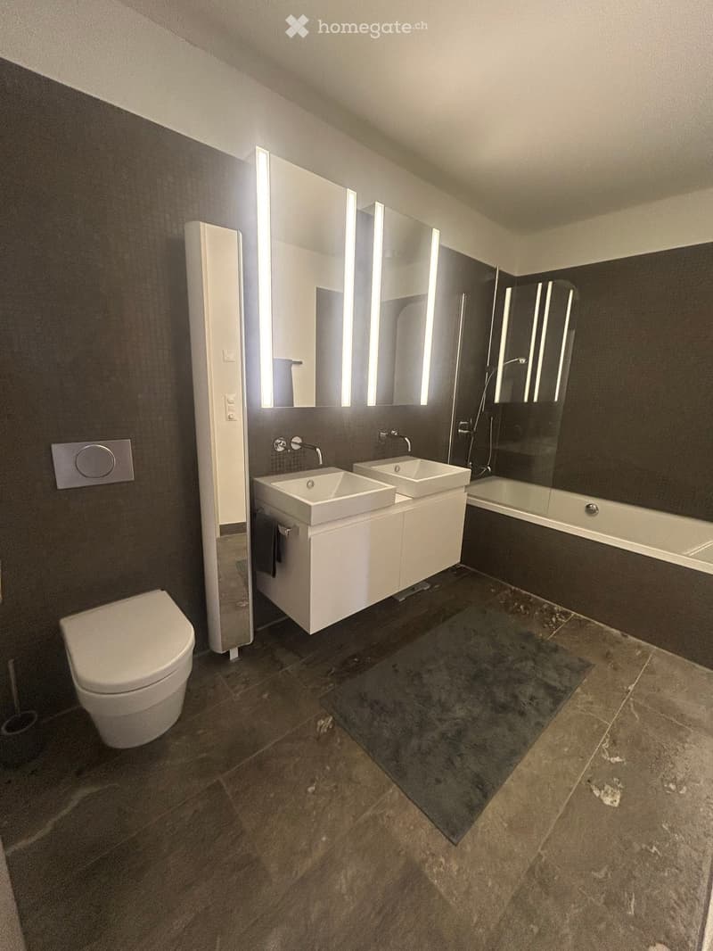 Modern bathroom with dark tiled walls, a white sink cabinet, a toilet, a bathtub, and a large mirrored cabinet with built-in lighting.